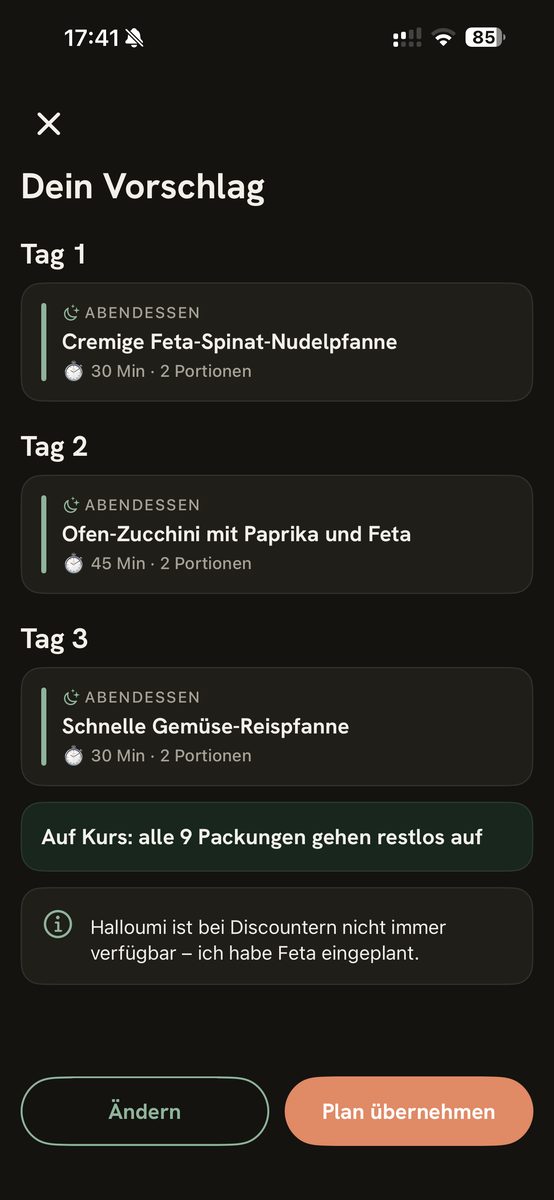 Wochenplan — alle Packungen gehen auf